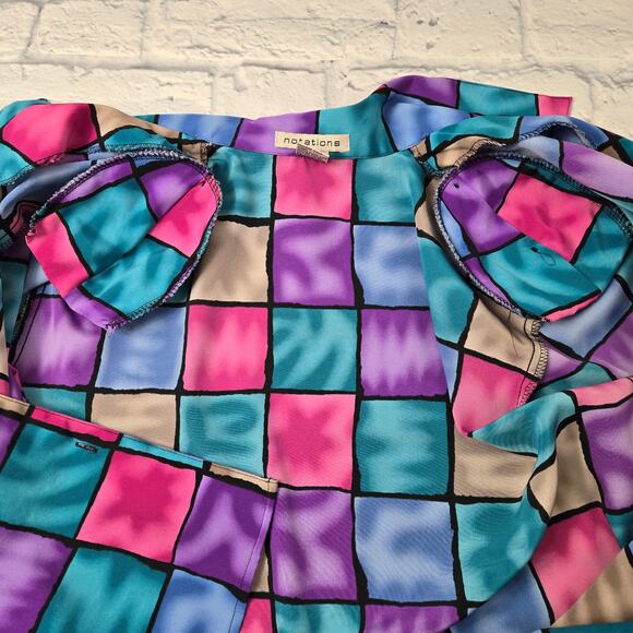 VTG Notations Blouse Shacket Multicolored Liquid Checkered Button Front Size Lrg - Picture 12 of 15